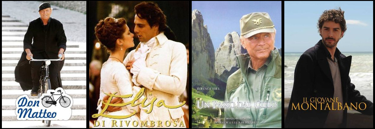 Locandine delle produzioni analizzate: Don Matteo, Elisa di Rivombrosa, Un passo dal cielo, Il giovane Montalbano
