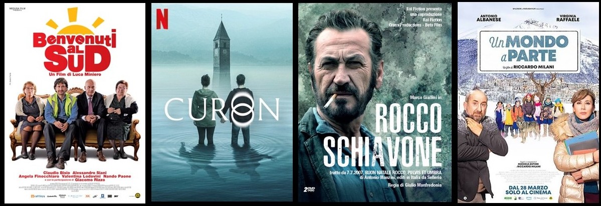 Locandine delle produzioni analizzate: Benvenuti al Sud, Curon, Rocco Schiavone, Un mondo a parte